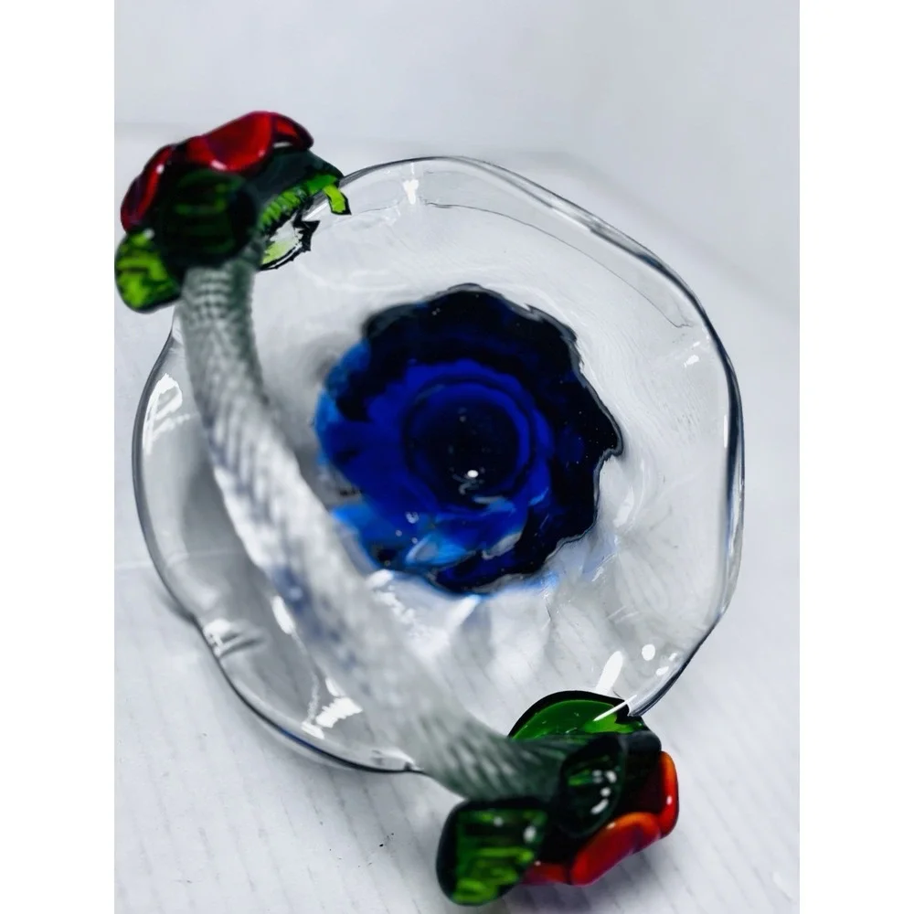 Vintage Murano Style Art Glass Basket Set Blue Red Pedestal Bowls Floral Handles